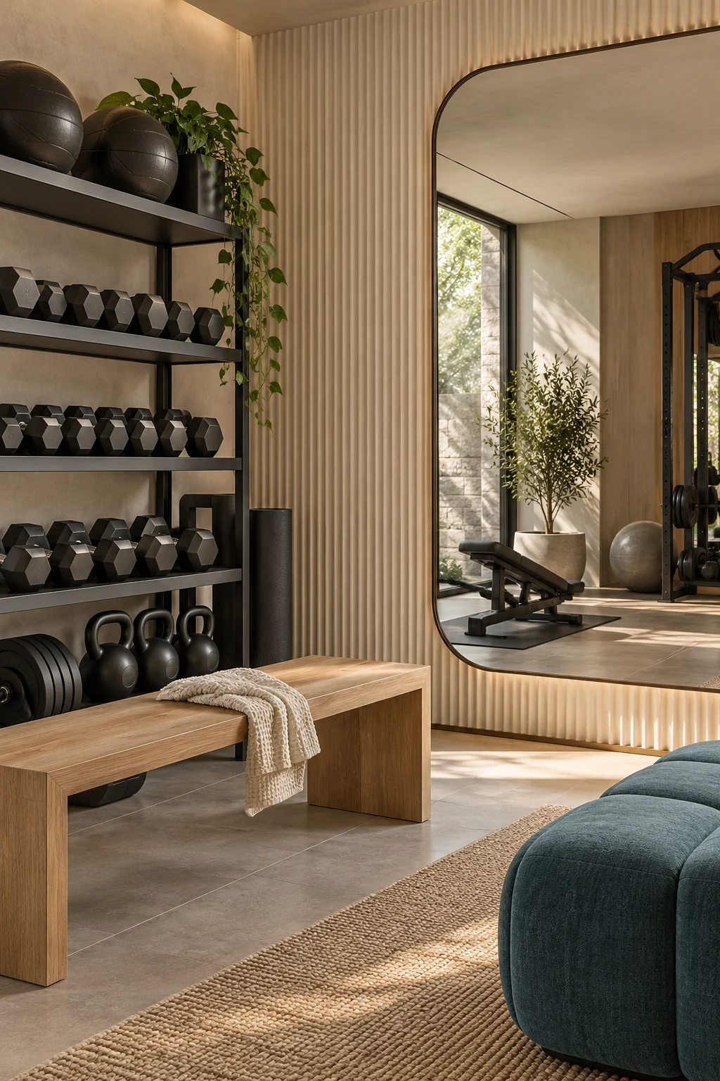Concepto de zona de entrenamiento con banco, espejo y madera