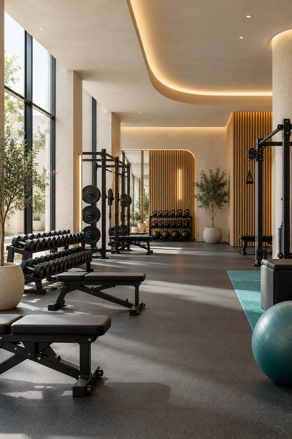 Concepto de gimnasio con madera natural, luz cálida y equipamiento de entrenamiento